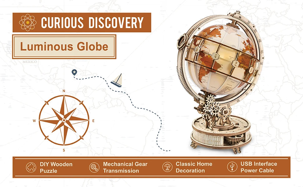 Luminous Globe – 3D Wooden Puzzle & Rotating LED World Model