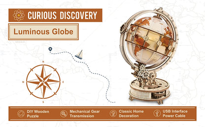 Luminous Globe – 3D Wooden Puzzle & Rotating LED World Model