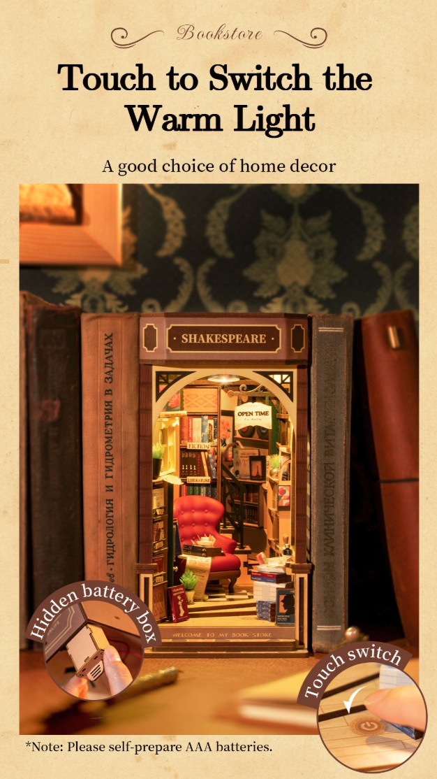 Vintage Bookstore Book Nook – DIY Wooden Miniature Kit